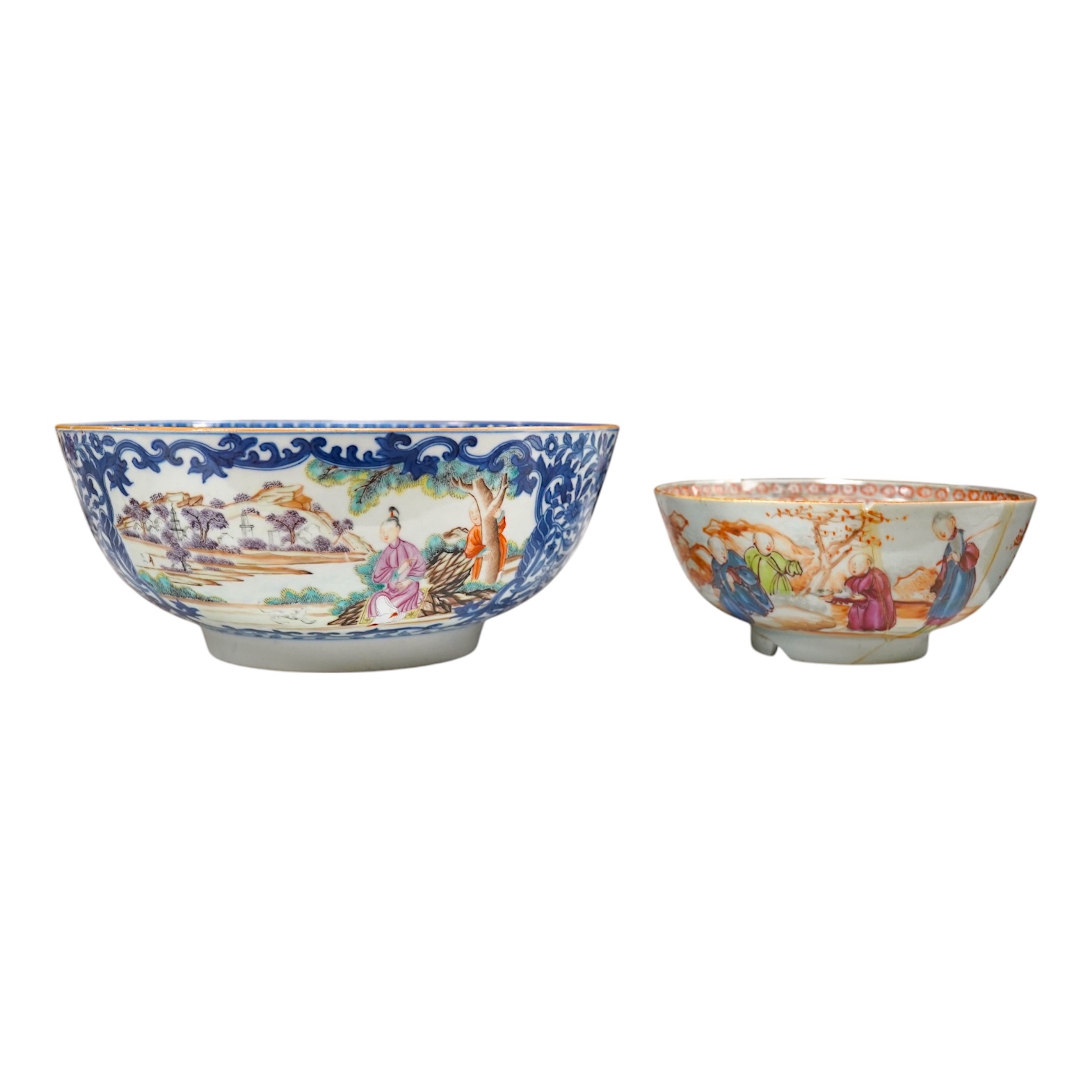 Two 18th century Chinese export famille rose bowls (a.f) largest 26cm diameter. Condition - poor